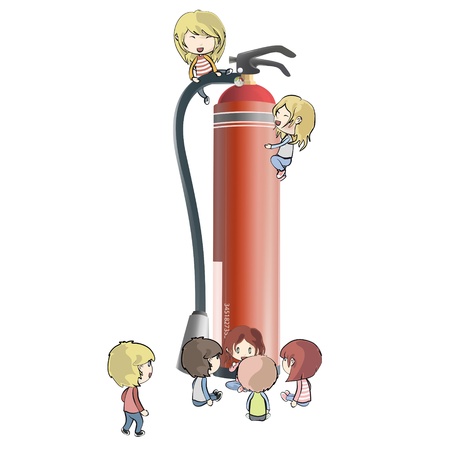 Kids around extinguisher isolated on white. のイラスト素材