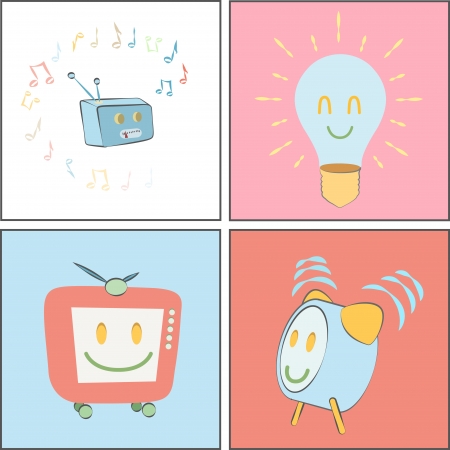 Collection of cute cartoon. Bulb, TV, radio, clock.のイラスト素材