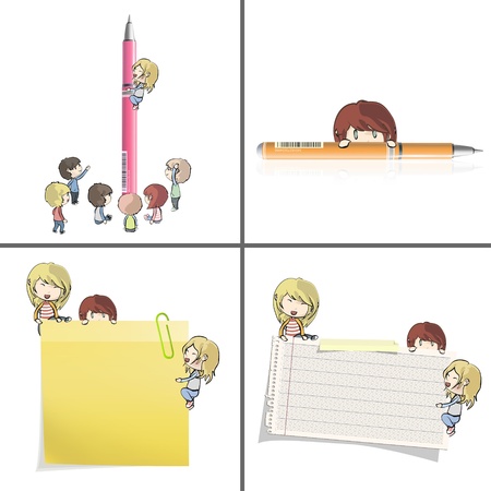 Set of images with many children around papers and pen  Vector design  のイラスト素材