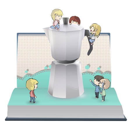 Kids around coffee pot in book. のイラスト素材