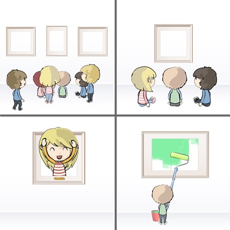 Set of images with many children watching frames in museum. Vector illustration. のイラスト素材