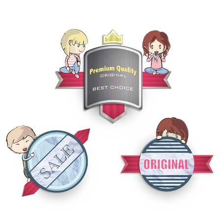 Collection of kids holding vintage labels.のイラスト素材