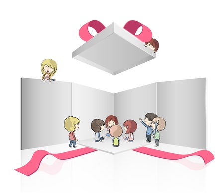 Kids around open white box with red ribbons  Vector design  のイラスト素材