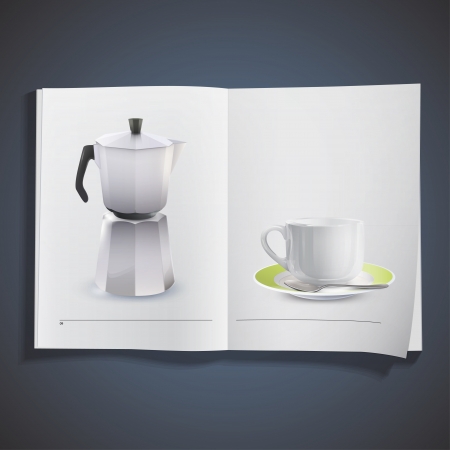 Realistic cup and teapot inside a book. Vector designのイラスト素材