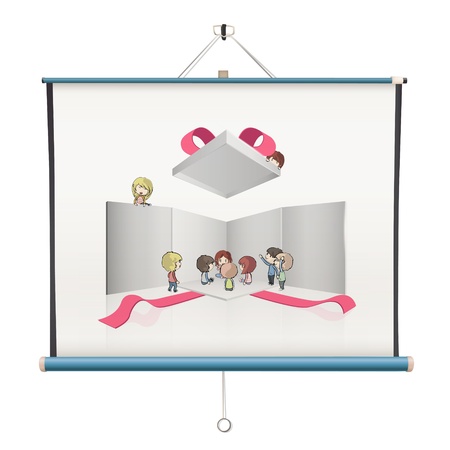 Kids around open white box inside a projector screen. designのイラスト素材
