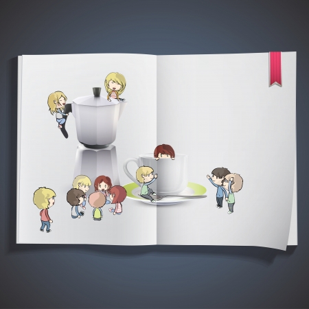 Kids around cup of coffee, and coffee pot.  designのイラスト素材