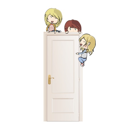 Kids around white door on isolated background のイラスト素材