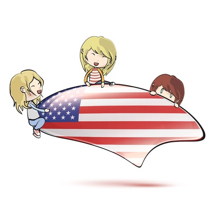 Kids holding american speech bubble on white isolated background. Vector design.のイラスト素材