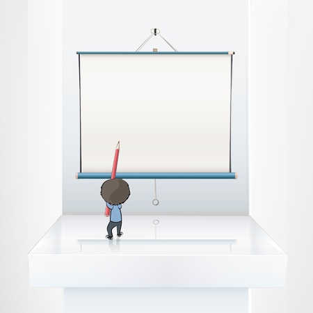 Kid wrtting on empty white projector screenのイラスト素材