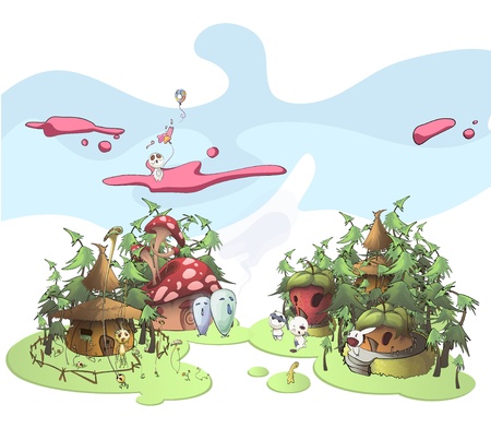 Cute monsters playing in front houses. のイラスト素材