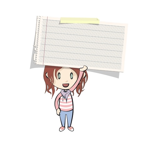 Girl holding a note paper on white background. のイラスト素材