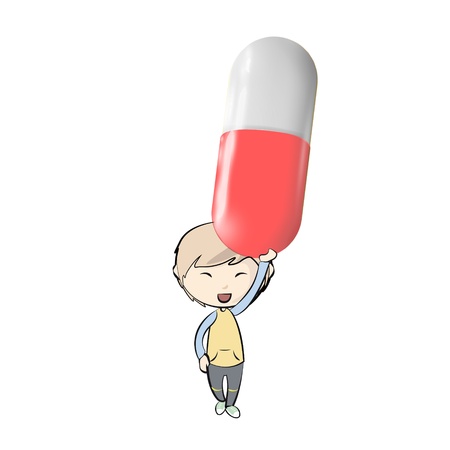 Boy holding colorful pill. のイラスト素材