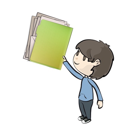 Kid holding green folder with white papers.のイラスト素材