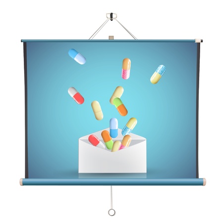 Collection of pills inside envelope over projector screen. Illustration.のイラスト素材