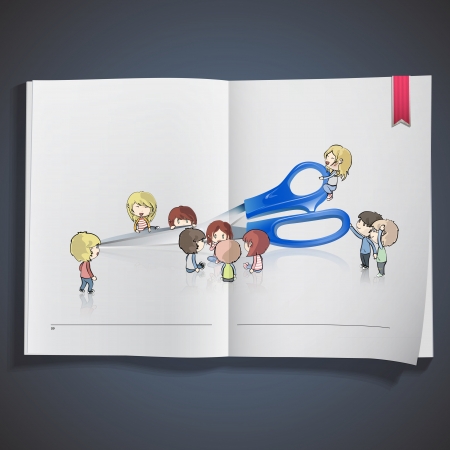 Kids around blue scissors printed on book  vector design  のイラスト素材