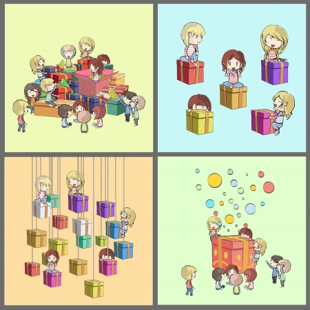 Set of kids around many gifts. Vector illustration. のイラスト素材