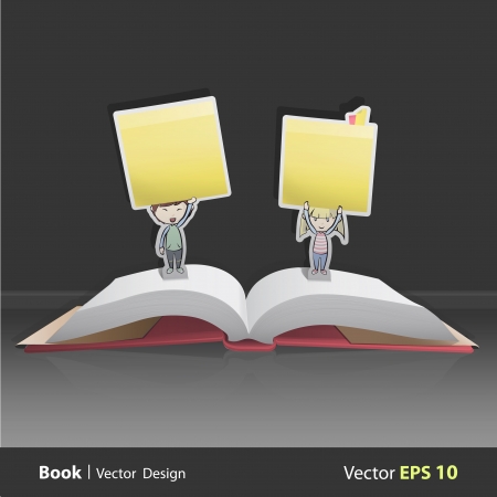 Group of kids holding yellow stick inside pop-up book. Vector design のイラスト素材
