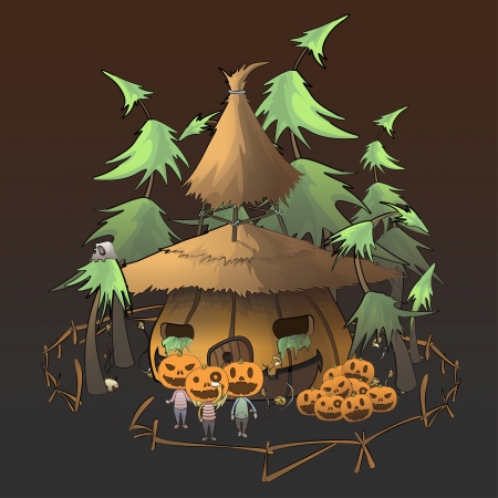 Kids with pumpkins on house  Vector design  のイラスト素材