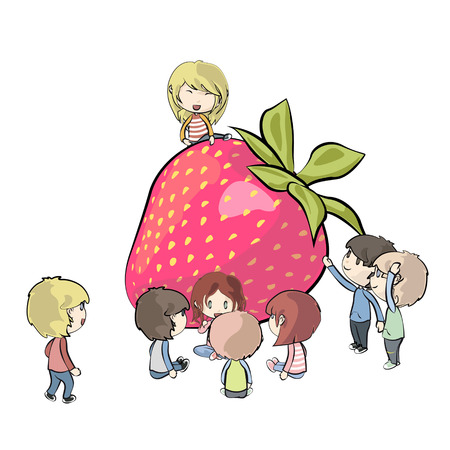 Kids around strawberry  Vector design のイラスト素材