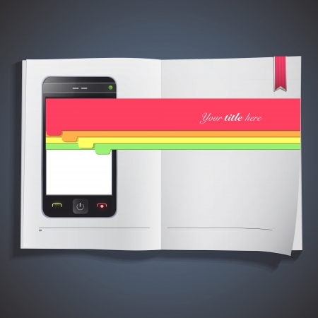 Realistic Phone with colorful select button printed on book. Vector design. のイラスト素材