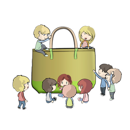 Kids around green bag. Vector design のイラスト素材