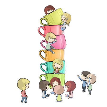 Kids around colorful cups. Vector design. のイラスト素材