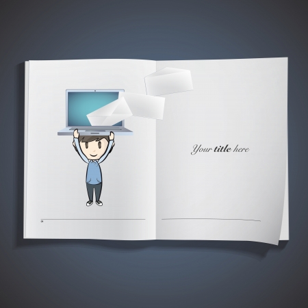 Boy holding a modern laptop printed on book. Vector illustration. のイラスト素材