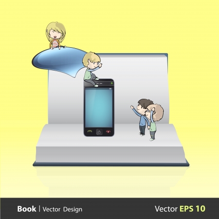 Kids around Phone with speech bubble on empty book  Vector design のイラスト素材