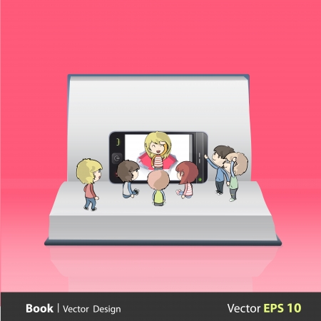 Kids around realistic Phone on empty book  Vector design のイラスト素材