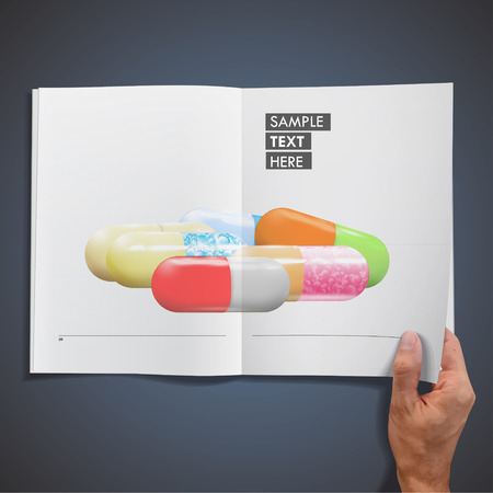 Collection of pills printed on book. Vector designのイラスト素材
