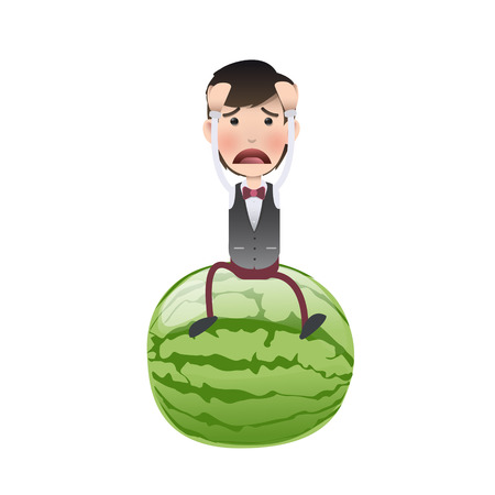 Businessman sitting on watermelon over white のイラスト素材