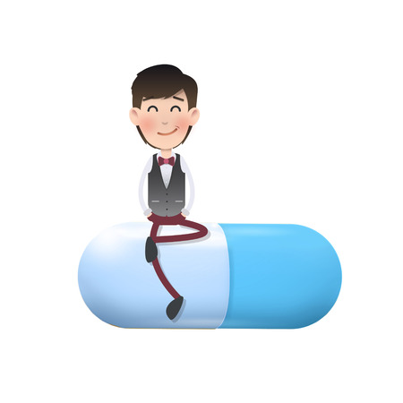 Businessman sitting on pill over white のイラスト素材