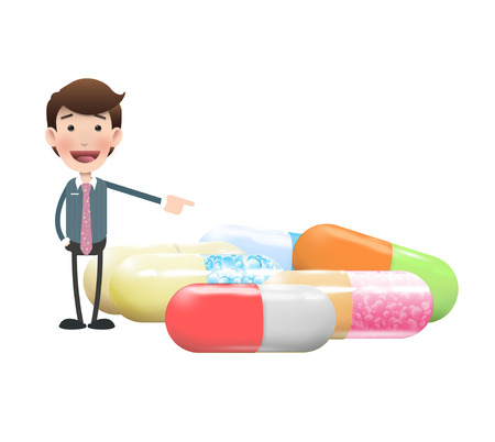 Businessman pointing several pills over white のイラスト素材