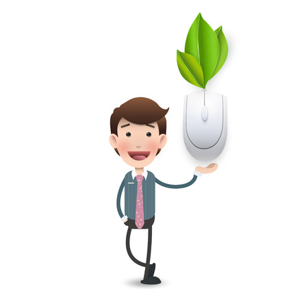 Business woman with computer mouse connected to a leaves. Vector design, のイラスト素材