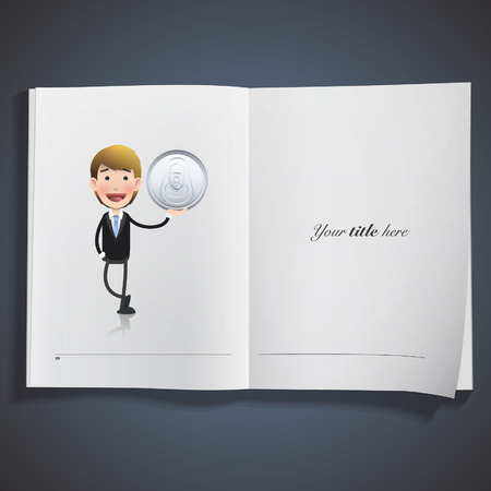 Businessman with can printed on book. Vector design. のイラスト素材