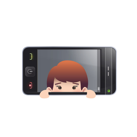 Business woman with realistic phone over white backgroundのイラスト素材