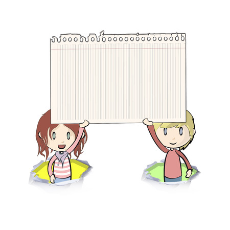Kids holding a note paper on white background. Vector design. のイラスト素材