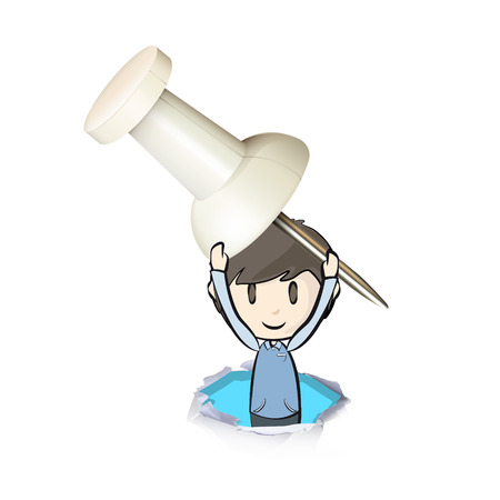 Kid holding a white pushpin. Vector design のイラスト素材