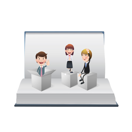 Business people with white boxes on open bookのイラスト素材