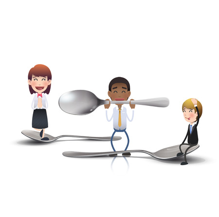 Business people with knife, fork and spoon. Vector design. のイラスト素材