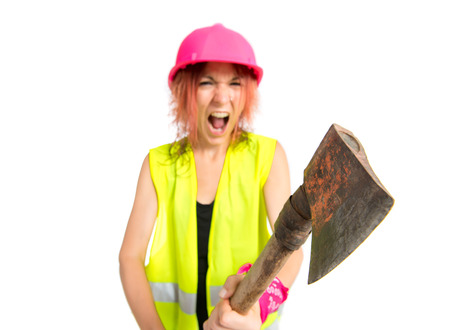 Work woman with ax over white background の写真素材