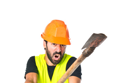 Workman with ax over white background