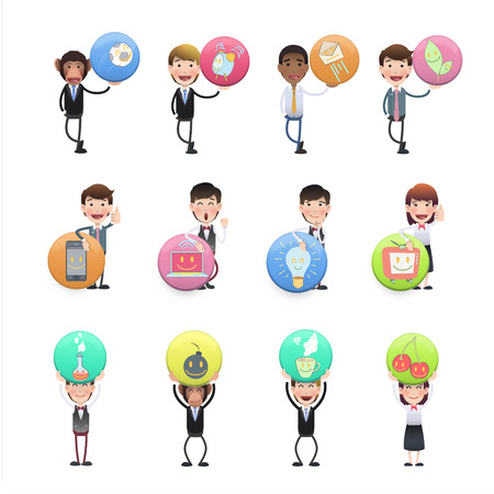 Business people holding buttons over white backgroundのイラスト素材