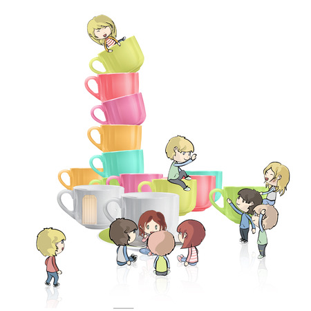 Kids around cups of coffee over white backgroundのイラスト素材