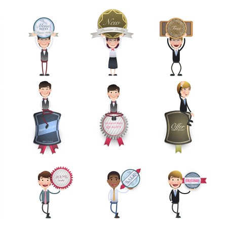 Business people holding buttons over white backgroundのイラスト素材