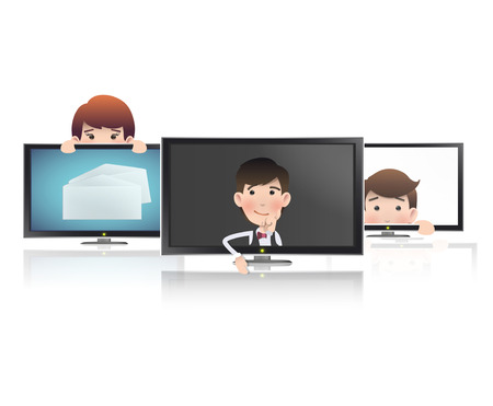 Business people around TVs over whiteのイラスト素材