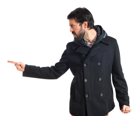 Man pointing and shouting over white の写真素材