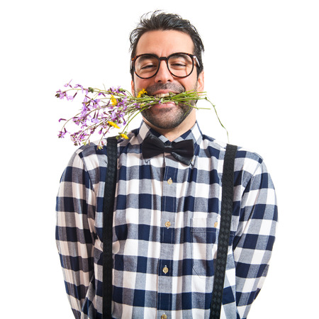 Posh boy with flowersの写真素材