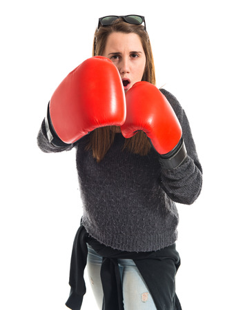 Girl with boxing glovesの写真素材