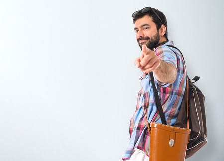 Tourist pointing frontの写真素材